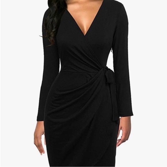 Women's 3/4 Sleeve Faux Wrap Dress – Knee-Length, V-Neck, Stretchy Midi Dress In Black – Perfect For Work, Dates & Maternity Wear